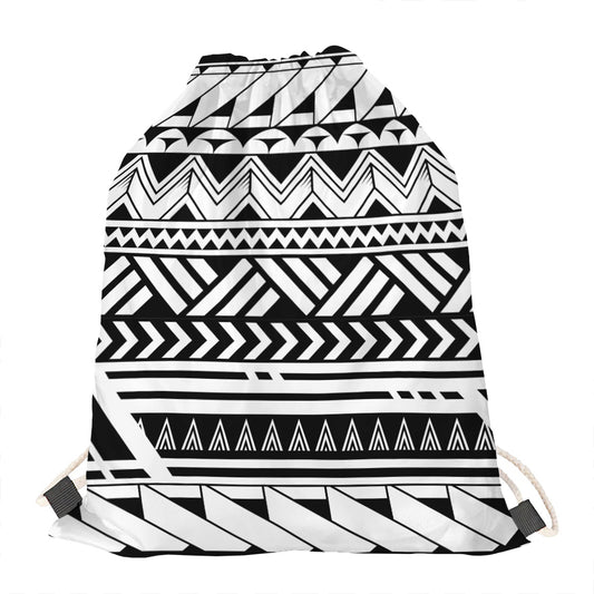 Black And White Polynesian Pattern Print Drawstring Bag