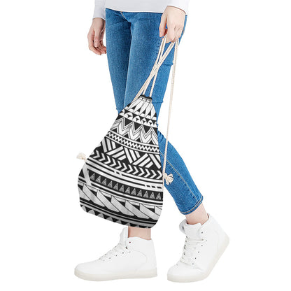 Black And White Polynesian Pattern Print Drawstring Bag