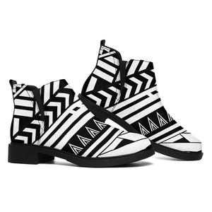 Black And White Polynesian Pattern Print Flat Ankle Boots