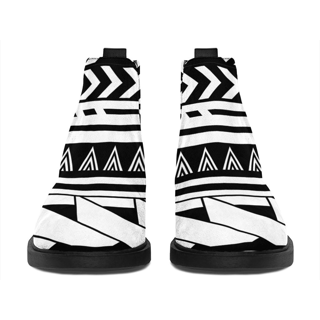 Black And White Polynesian Pattern Print Flat Ankle Boots