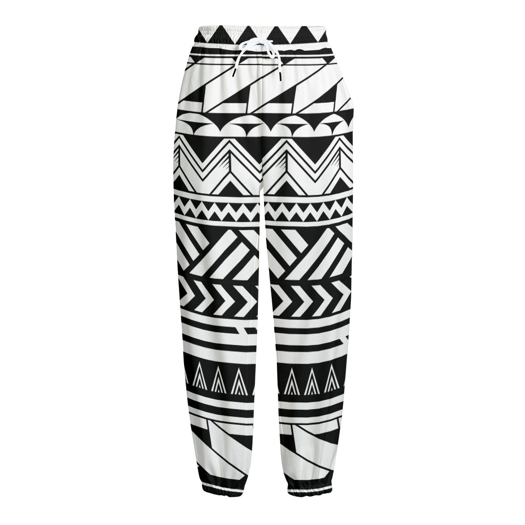 Black And White Polynesian Pattern Print Fleece Lined Knit Pants