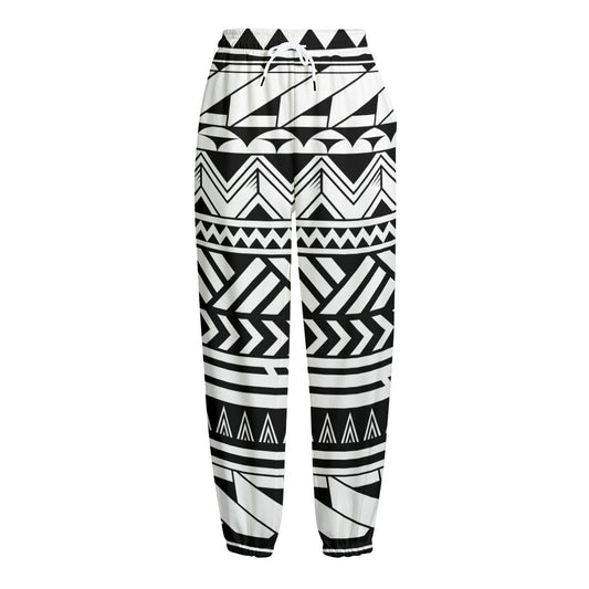 Black And White Polynesian Pattern Print Fleece Lined Knit Pants