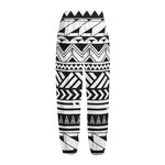 Black And White Polynesian Pattern Print Fleece Lined Knit Pants