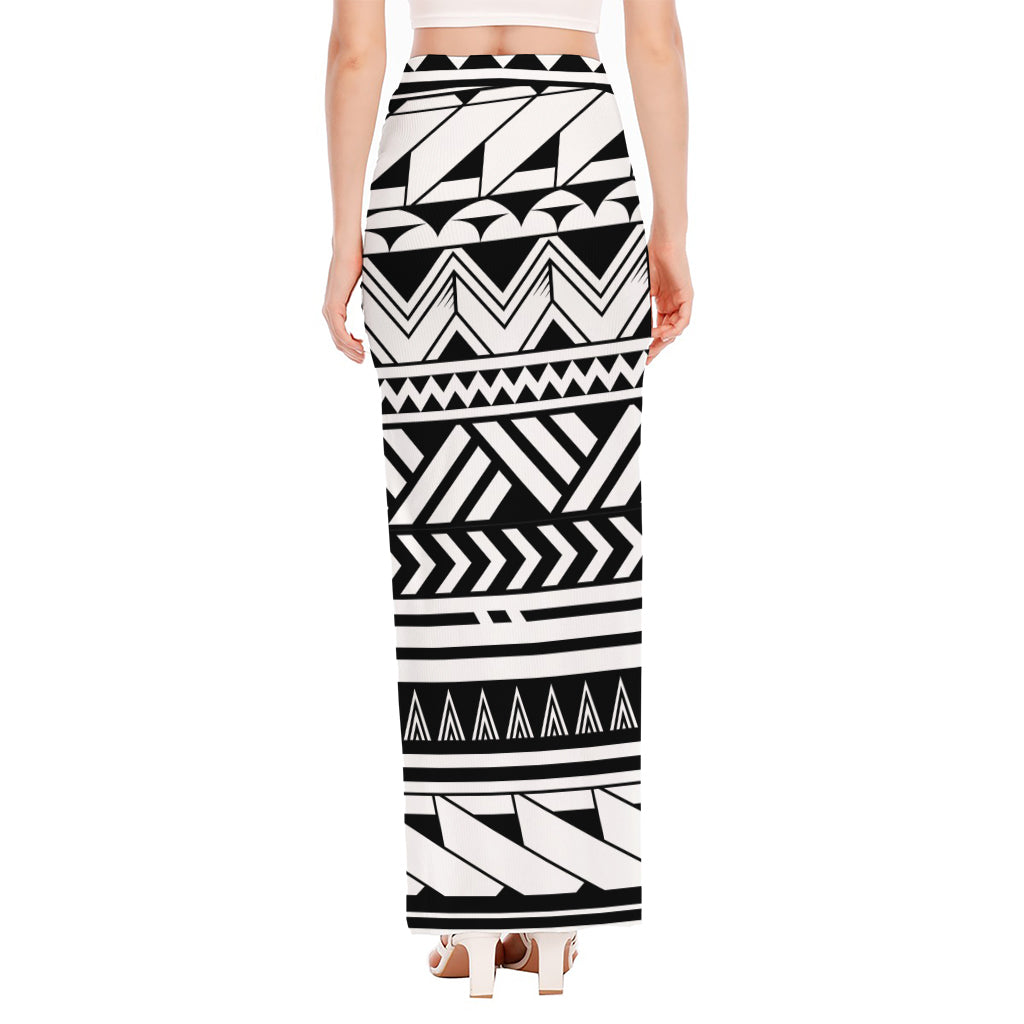 Black And White Polynesian Pattern Print High Slit Maxi Skirt