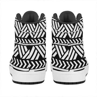 Black And White Polynesian Pattern Print High Top Leather Sneakers