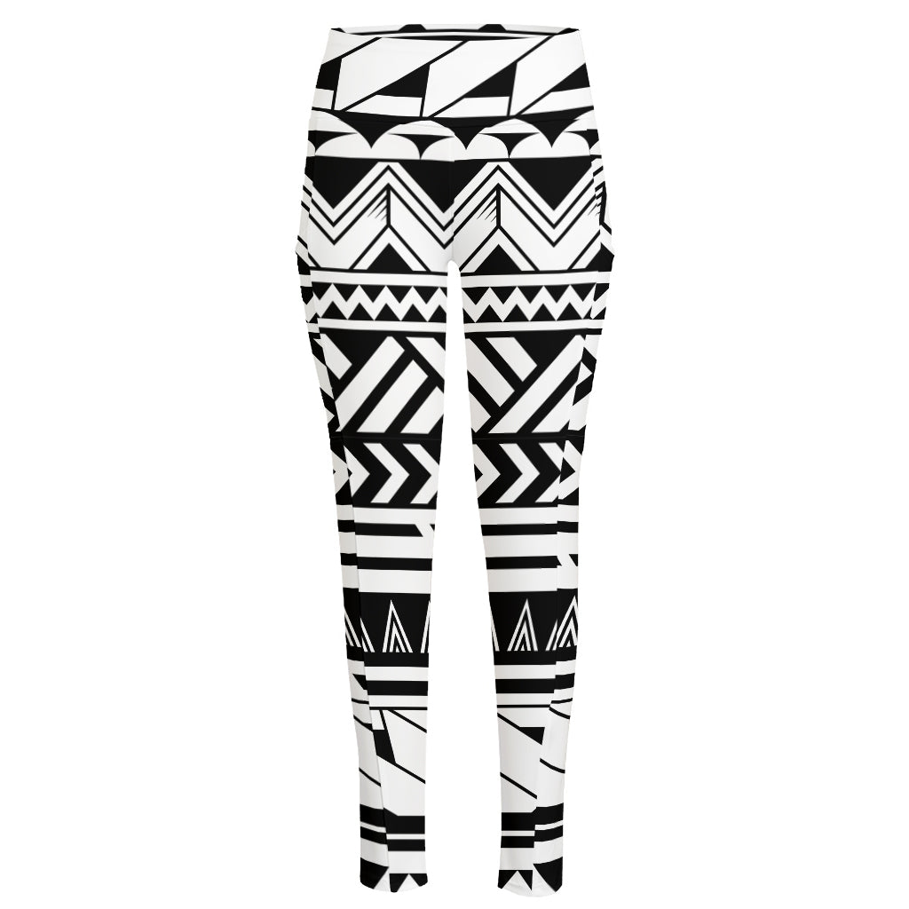 Black And White Polynesian Pattern Print High-Waisted Pocket Leggings