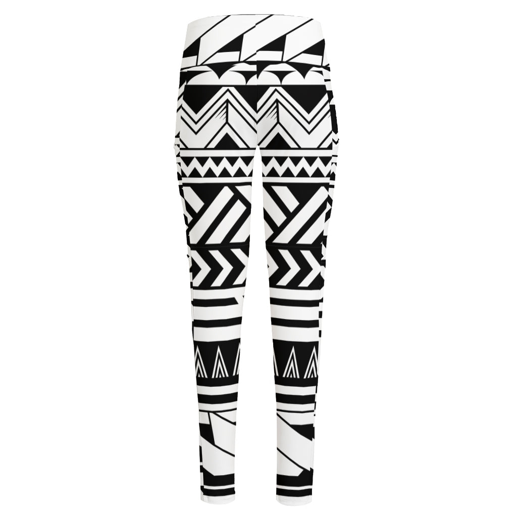 Black And White Polynesian Pattern Print High-Waisted Pocket Leggings