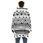 Black And White Polynesian Pattern Print Hoodie Blanket