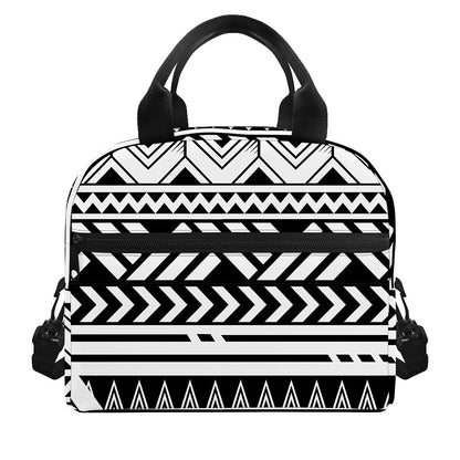 Black And White Polynesian Pattern Print Insulated Lunch Bag