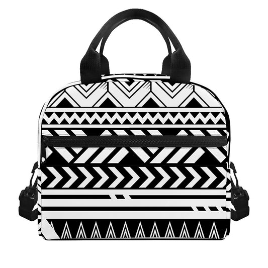 Black And White Polynesian Pattern Print Insulated Lunch Bag