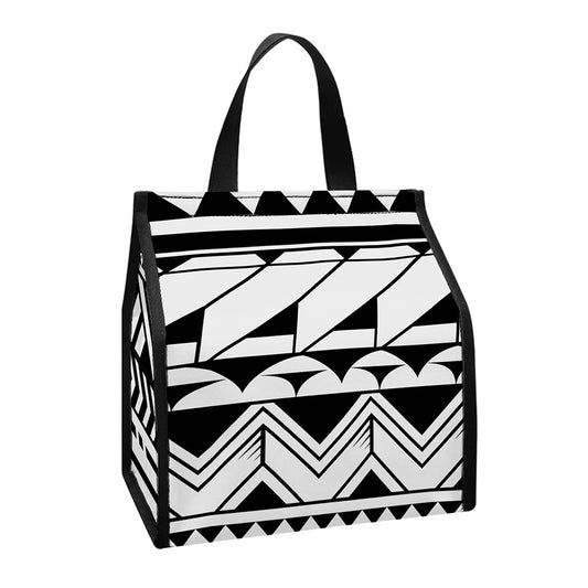 Black And White Polynesian Pattern Print Insulated Lunch Tote