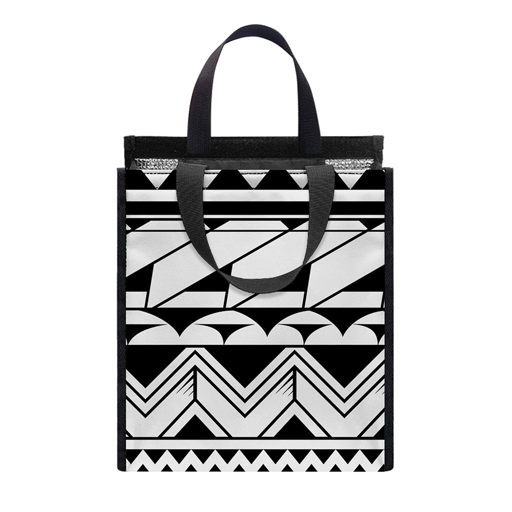 Black And White Polynesian Pattern Print Insulated Lunch Tote