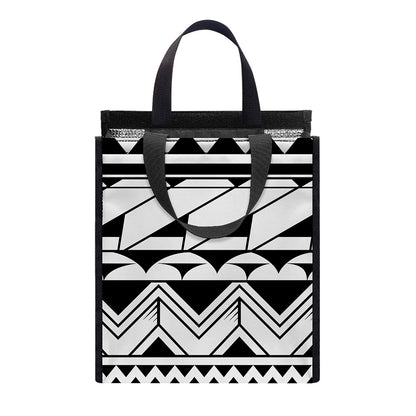 Black And White Polynesian Pattern Print Insulated Lunch Tote