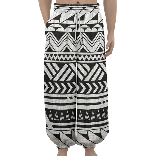 Black And White Polynesian Pattern Print Lantern Pants