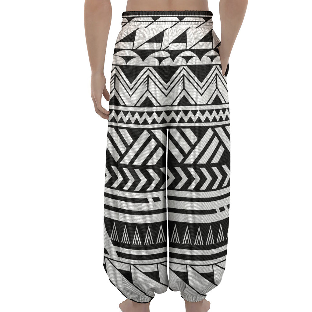Black And White Polynesian Pattern Print Lantern Pants