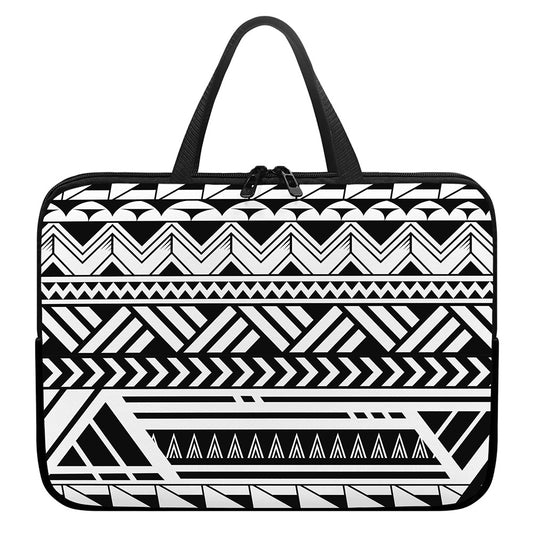 Black And White Polynesian Pattern Print Laptop Sleeve With Handle