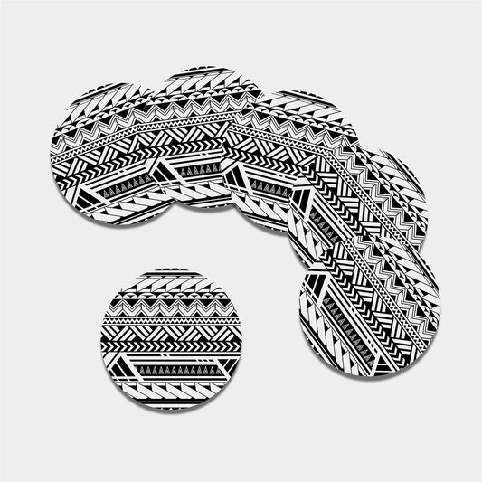 Black And White Polynesian Pattern Print Leather Coaster Set