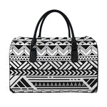 Black And White Polynesian Pattern Print Leather Duffle Bag