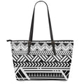 Black And White Polynesian Pattern Print Leather Tote Bag With Zipper