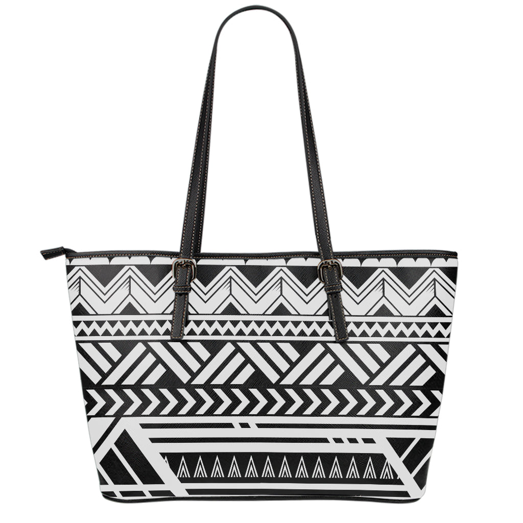 Black And White Polynesian Pattern Print Leather Tote Bag