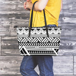 Black And White Polynesian Pattern Print Leather Tote Bag