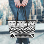 Black And White Polynesian Pattern Print Leather Tote Bag