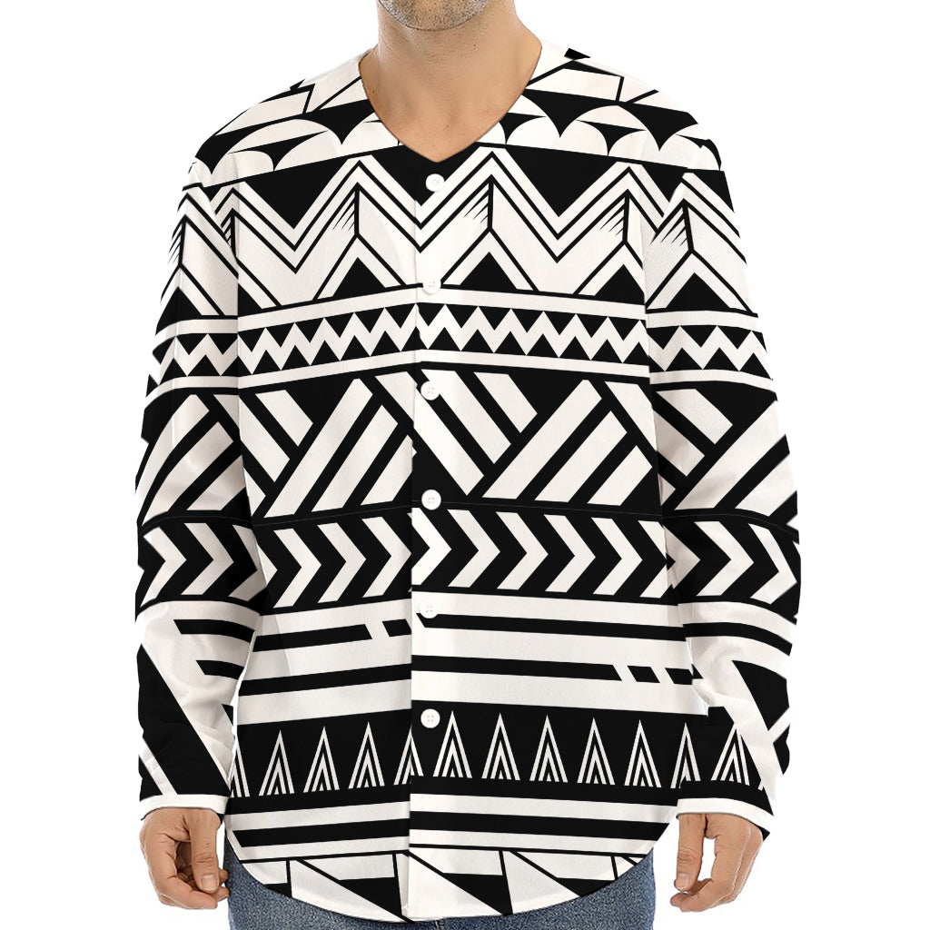 Black And White Polynesian Pattern Print Long Sleeve Baseball Jersey