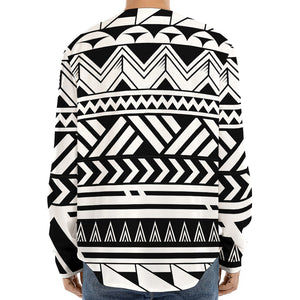 Black And White Polynesian Pattern Print Long Sleeve Baseball Jersey