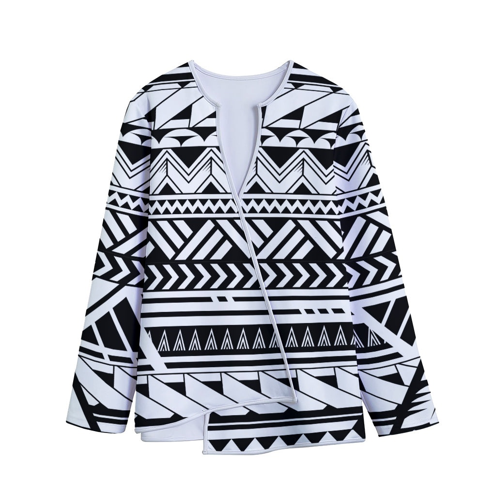 Black And White Polynesian Pattern Print Long Sleeve Short Coat