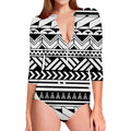 Black And White Polynesian Pattern Print Long Sleeve Swimsuit