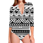 Black And White Polynesian Pattern Print Long Sleeve Swimsuit