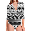 Black And White Polynesian Pattern Print Long Sleeve Swimsuit