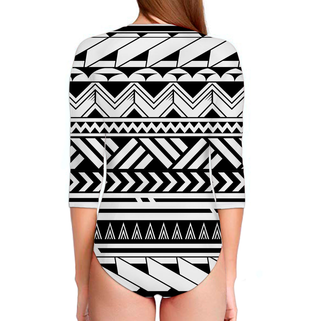 Black And White Polynesian Pattern Print Long Sleeve Swimsuit