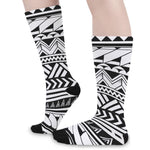 Black And White Polynesian Pattern Print Long Socks