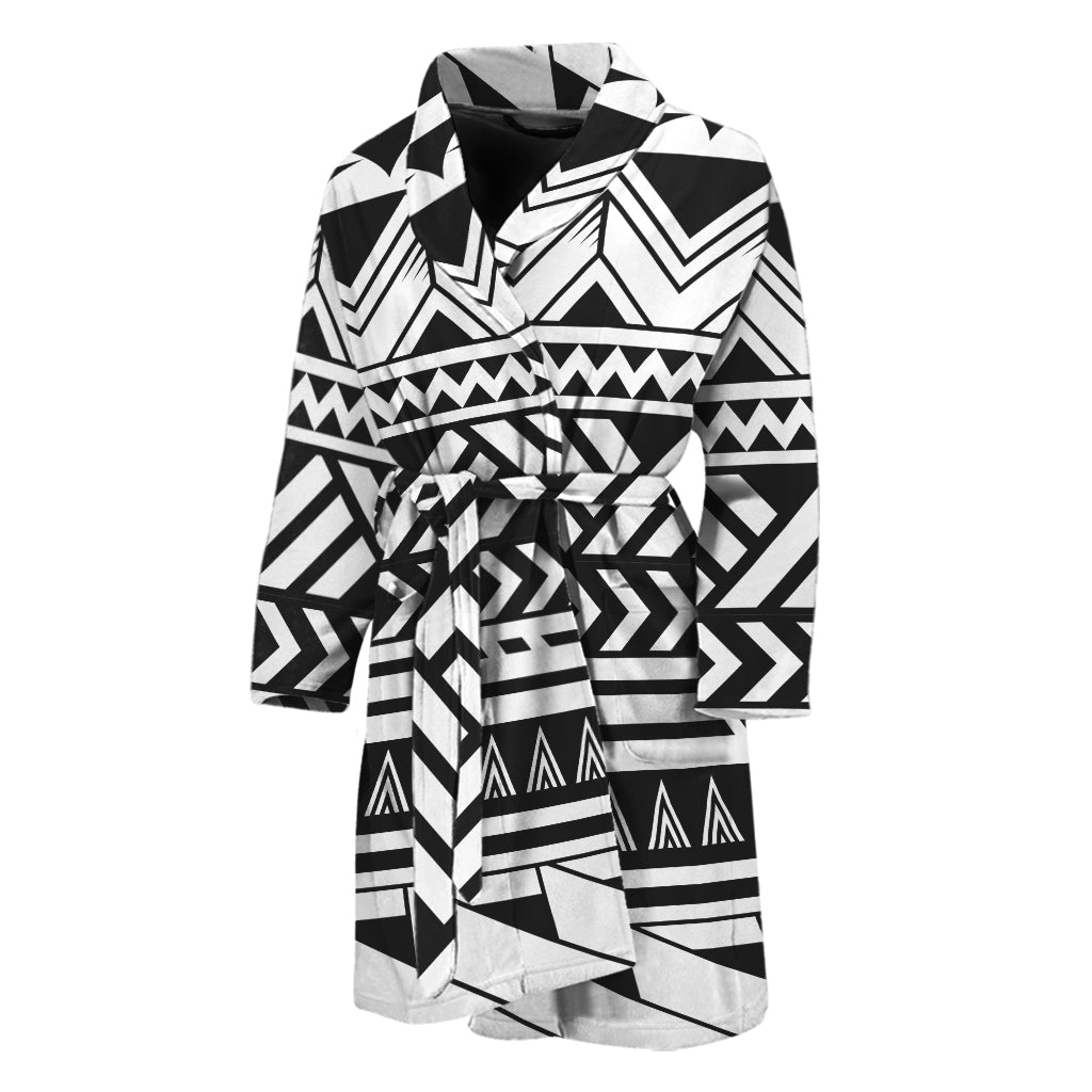 Black And White Polynesian Pattern Print Men's Bathrobe