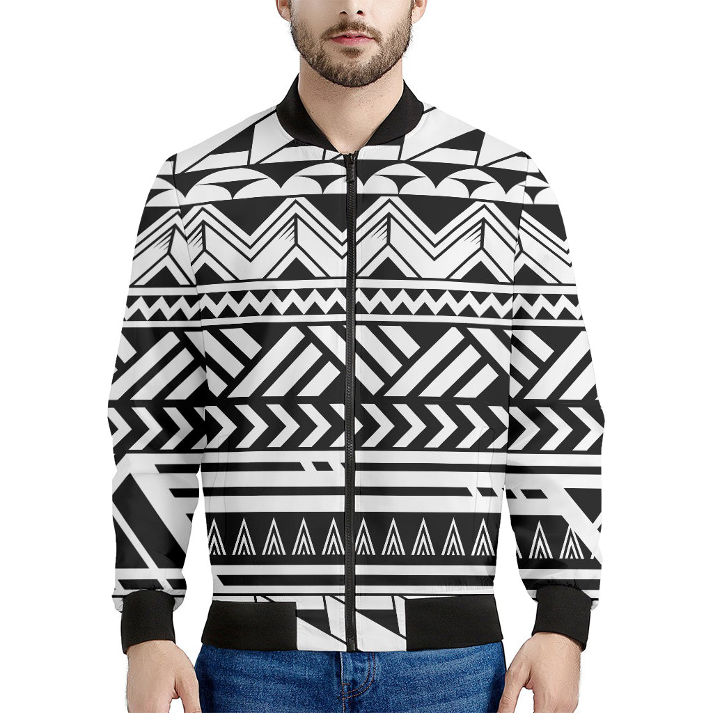 Black And White Polynesian Pattern Print Men's Bomber Jacket