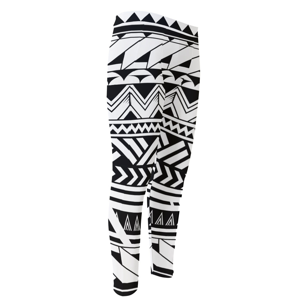 Black And White Polynesian Pattern Print Men's Compression Pants