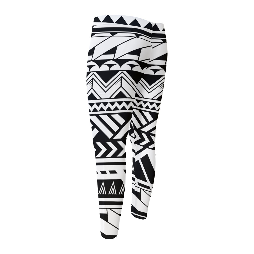 Black And White Polynesian Pattern Print Men's Compression Pants