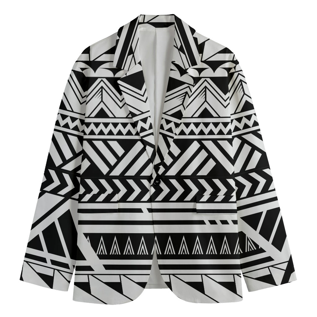 Black And White Polynesian Pattern Print Men's Cotton Blazer