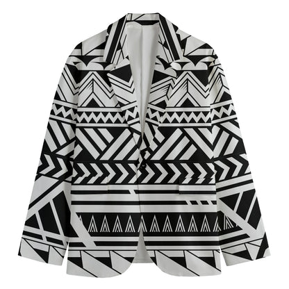 Black And White Polynesian Pattern Print Men's Cotton Blazer