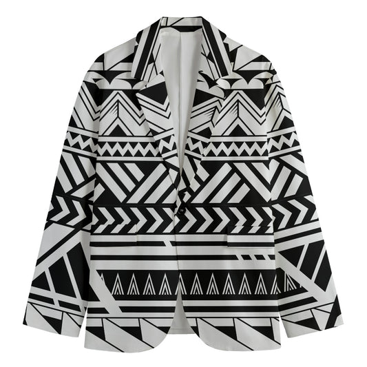 Black And White Polynesian Pattern Print Men's Cotton Blazer