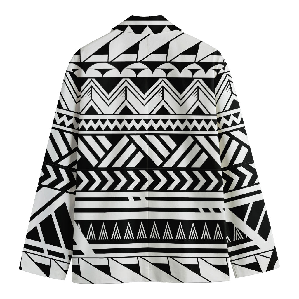 Black And White Polynesian Pattern Print Men's Cotton Blazer