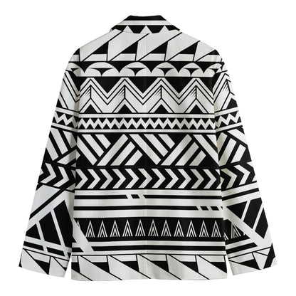Black And White Polynesian Pattern Print Men's Cotton Blazer