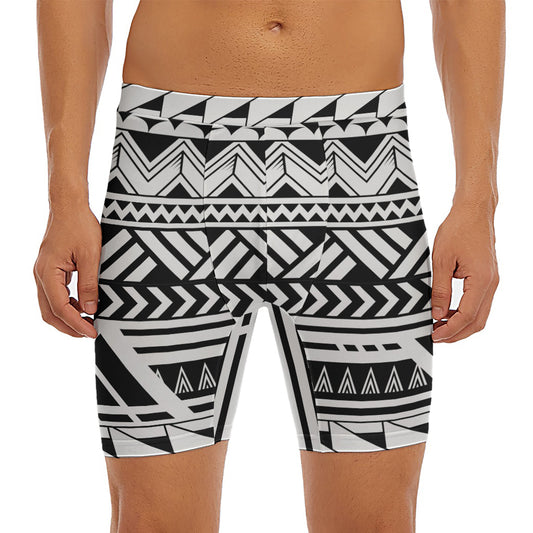 Black And White Polynesian Pattern Print Men's Long Boxer Briefs