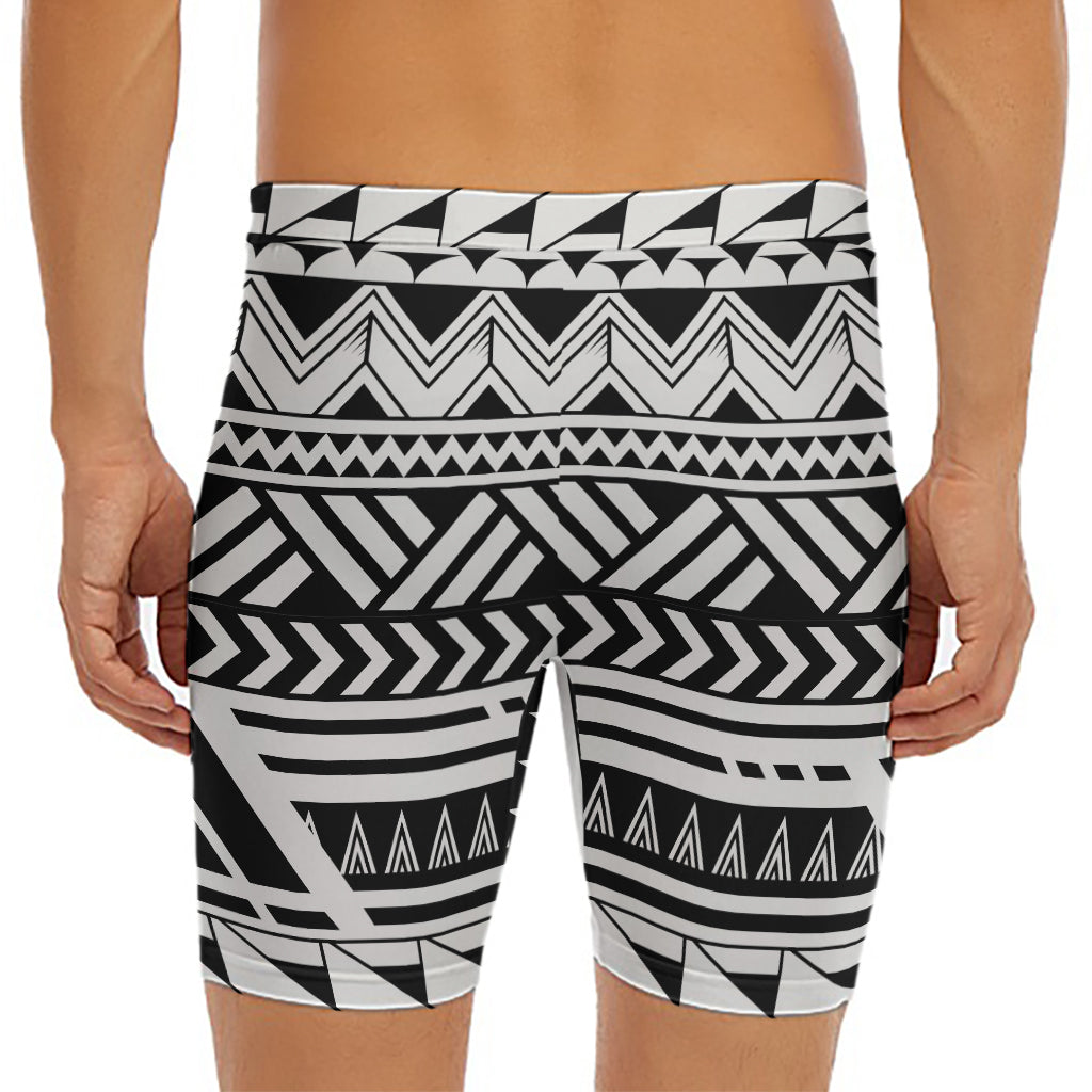Black And White Polynesian Pattern Print Men's Long Boxer Briefs