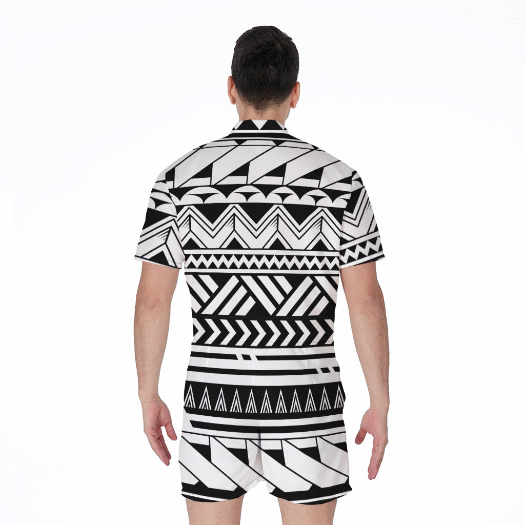 Black And White Polynesian Pattern Print Men's Rompers
