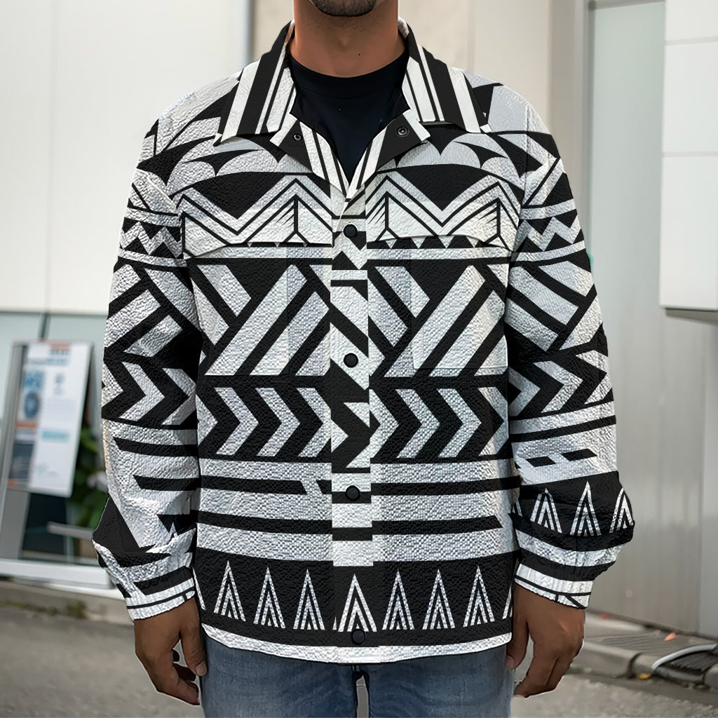 Black And White Polynesian Pattern Print Men's Shirt Jacket