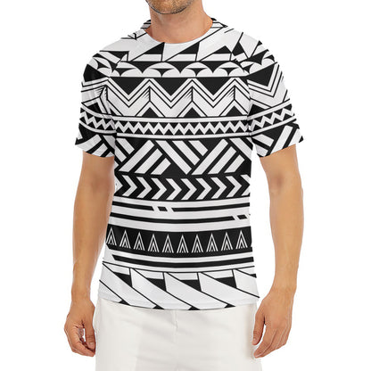 Black And White Polynesian Pattern Print Men's Short Sleeve Rash Guard