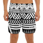 Black And White Polynesian Pattern Print Men's Split Running Shorts