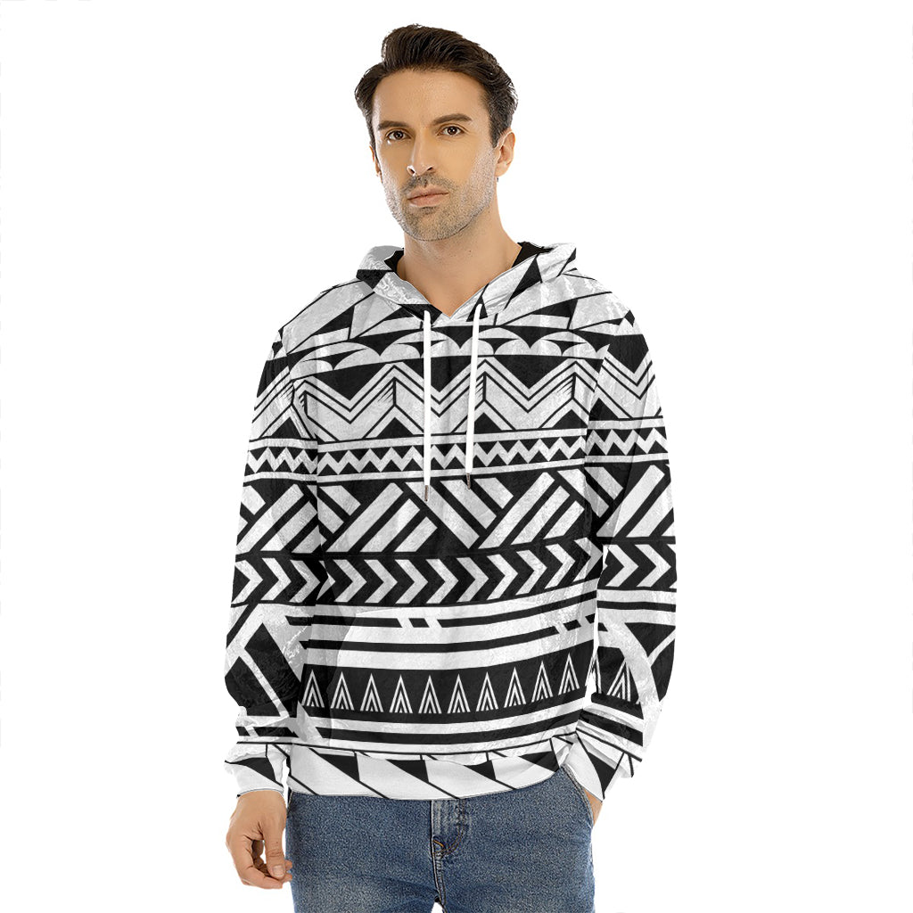 Black And White Polynesian Pattern Print Men's Velvet Pullover Hoodie